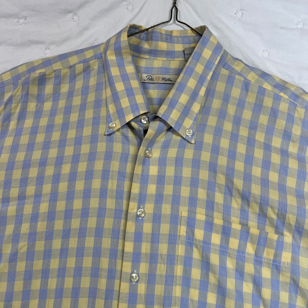 Peter Millar Mens XL Yellow Blue Gingham Short Sleeve Button Down Shirt RN100308